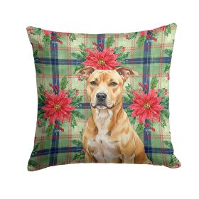 Fawn American Staffordshire Terrier Christmas PoinsettIas Throw Pillow Decorative Indoor Outdoor Accent Cushion for Couch, Bed or Patio, 14Hx14W