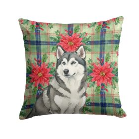 Gray and White Alaskan Malamute Christmas PoinsettIas Throw Pillow Decorative Indoor Outdoor Accent Cushion for Couch, Bed or Patio, 14Hx14W