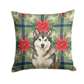 Sable and White Alaskan Malamute Christmas Poinsettas Throw Pillow Decorative Indoor Outdoor Accent Cushion for Couch, Bed or Patio, 14Hx14W