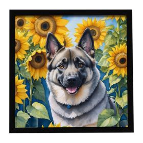 Norwegian Elkhound in Sunflowers Framed Metal Print Bathroom, Kitchen, Office, Home Decor Wall Art Ready to Hang, Square, 8X8