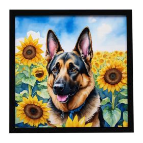 German Shepherd in Sunflowers Framed Metal Print Bathroom, Kitchen, Office, Home Decor Wall Art Ready to Hang, Square, 8X8