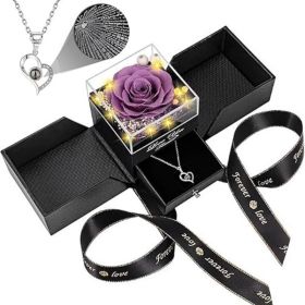 Preserved Real Rose with Heart Necklace I Love You in 100 Languages,Romantic Valentine's Day Gifts for Her (Color: Purple)